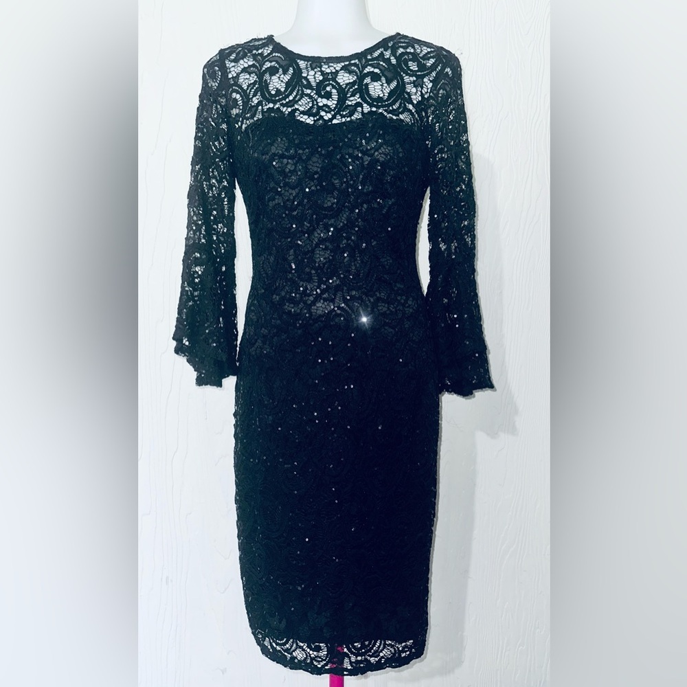 Marina Women's Sequins Lace Overlay Cocktail Sheath Midi Dress Black Size 4
